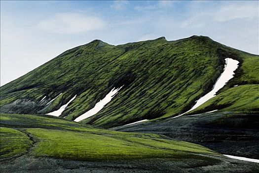 青山,斜坡,残留,岁月,雪,兰德玛纳,南,冰岛,欧洲