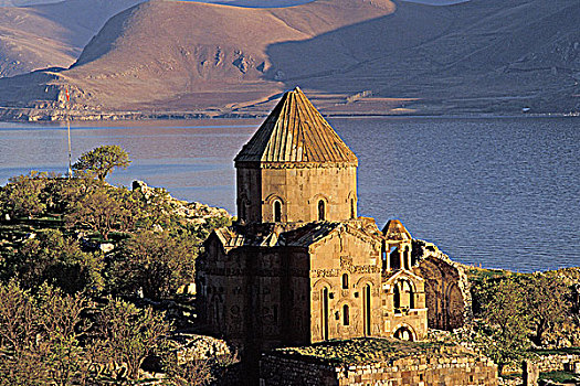 土耳其,亚美尼亚,教堂,靠近,箱式货车,湖