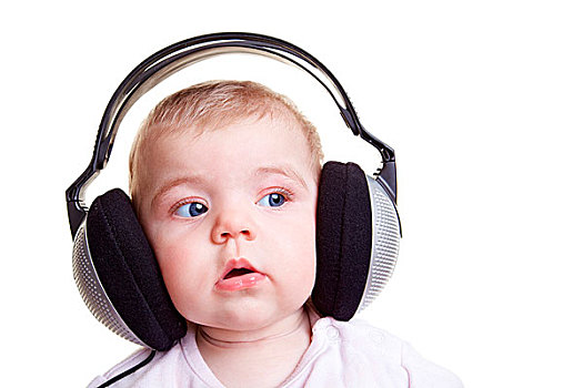 小,婴儿,听歌,大,耳机