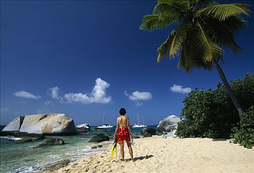 女人,海滩,维京果岛,岛屿,英属维京群岛,加勒比海