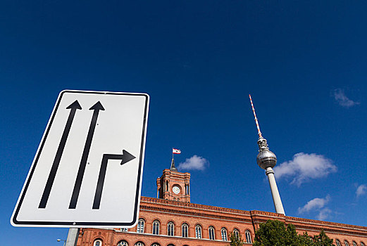 交通标志,柏林,市政厅,电视塔,背影,德国,欧洲