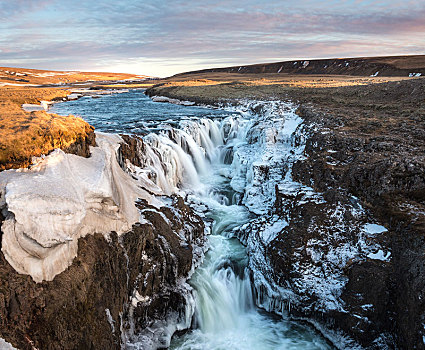 瀑布,冰,雪,冬天,日落,北方,冰岛,欧洲
