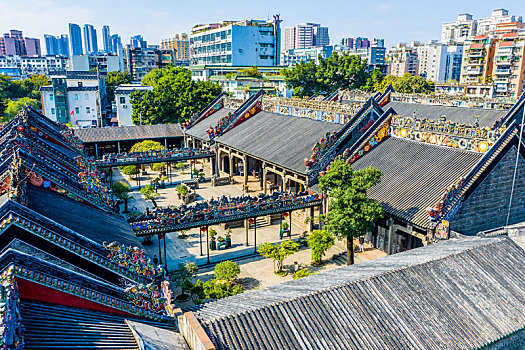 航拍广东广州陈家祠堂,陈氏书院,广东民间工艺博物馆