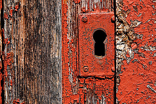 老,门,锁,锁眼,风化,木质,碎片,红色,涂绘