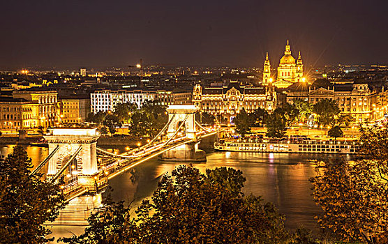 链索桥,多瑙河,夜晚,匈牙利,布达佩斯