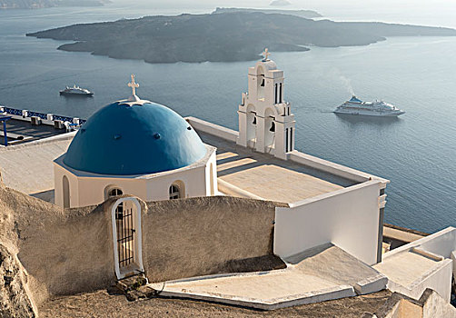 蓝色,圆顶,钟楼,教堂,锡拉岛,希腊,欧洲