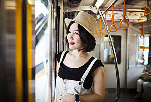 美女,戴着,帽子,旅行,列车