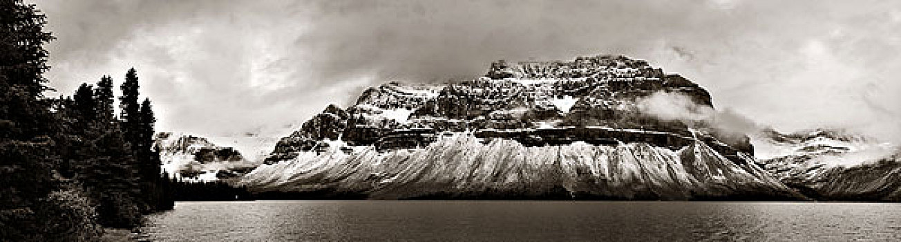 弓湖,全景,雪山,树林,班芙国家公园