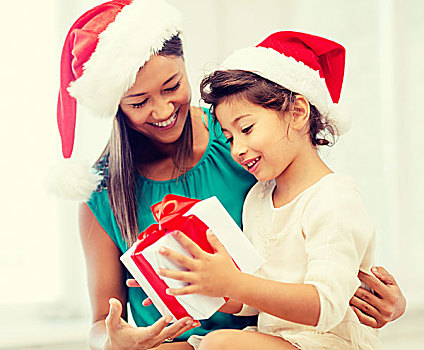 休假,礼物,圣诞节,圣诞,概念,高兴,母子,女孩,圣诞老人,帽子,礼盒