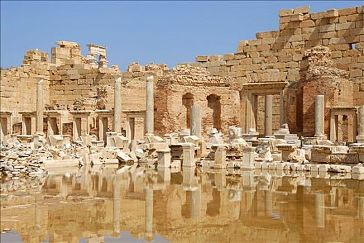衰败,墙壁,镜子,水中,新,古罗马广场,莱普蒂斯马格纳,利比亚