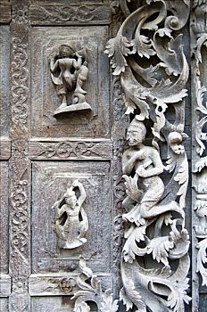 雕刻,柚木,门,寺院,曼德勒,缅甸,东南亚