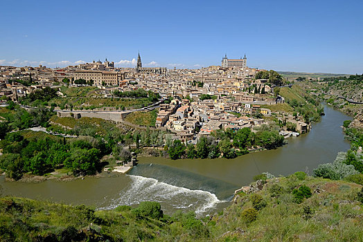 风景,上方,塔霍河,老城,托莱多,卡斯蒂利亚,拉曼查,西班牙,欧洲
