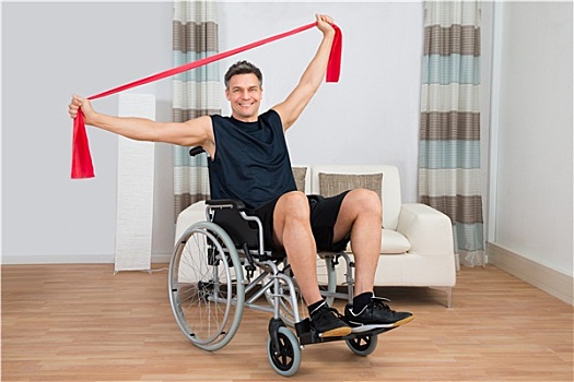 残障,男人,轮椅,练习,拉力带