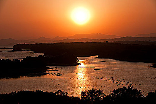 日落,湾,风景,观测,城市