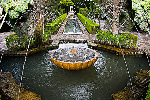 喷泉,花园,水渠,轩尼洛里菲花园,阿尔罕布拉,世界遗产,格拉纳达,西班牙,欧洲
