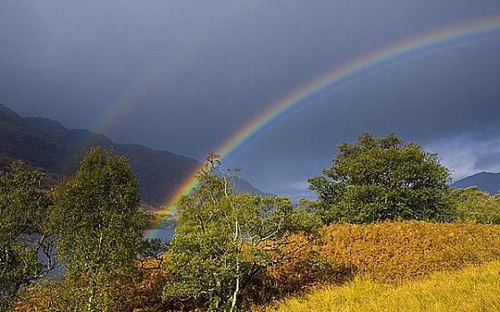 苏格兰,斯特灵,洛蒙德湖,国家公园,彩虹,上方,堤岸,山峦