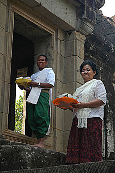 佛教,传统服装,制作,庙宇,圣日,收获,柬埔寨,十二月,2006年