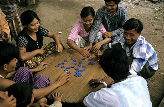人群,玩,多米诺骨牌,缅甸,亚洲