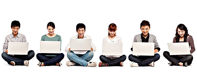 年轻人,坐,排列,笔记本电脑
