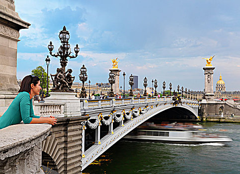 法国,巴黎,女人,靠着,亚历山大三世,桥