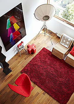客厅,红色,地毯,设计师,扶手椅,落地灯,照片,艺术品