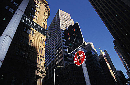 摩天大楼,停车标志,红绿灯,街道,仰视