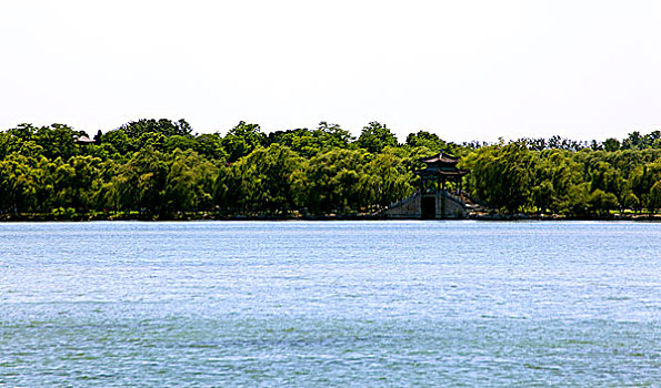 平静的昆明湖湖面和远处的石桥
