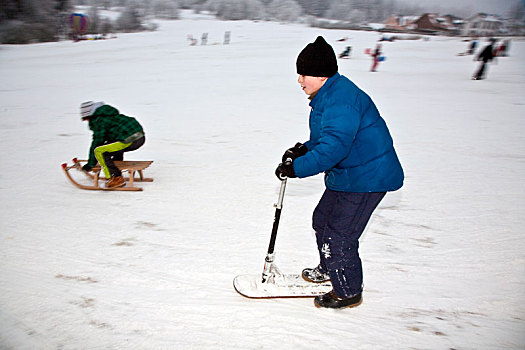孩子,雪橇,跑,冬天,雪