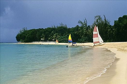 帆船,风景,海岸,靠近,沙,道路,酒店,海滩,巴巴多斯,加勒比海