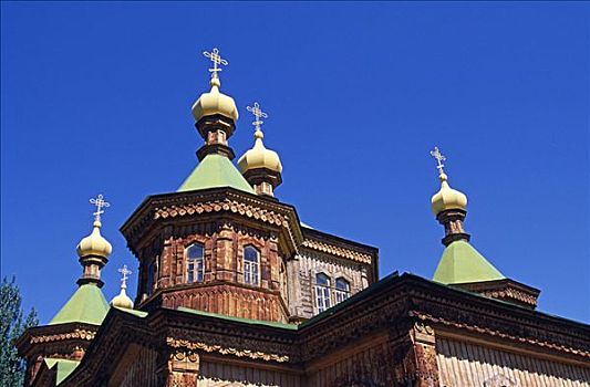 吉尔吉斯斯坦,圣三一教堂,大教堂,俄国东正教堂,木头,波纹板,苏联,俄罗斯,军事,行政