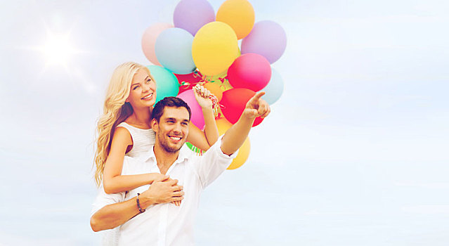 情侣,彩色,气球,海上