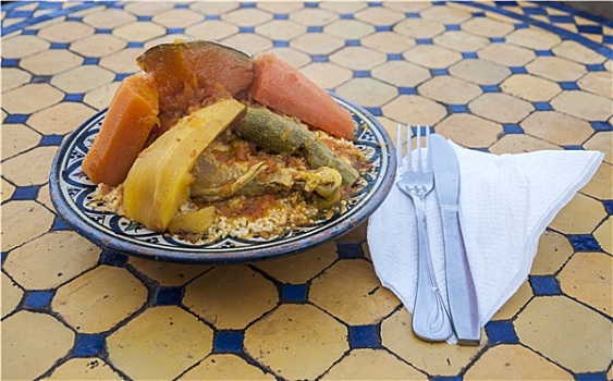 蒸粗麦粉,蔬菜,鸡肉,马拉喀什,摩洛哥