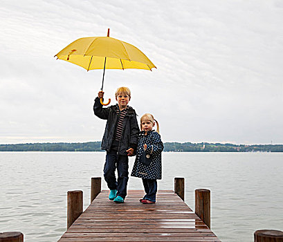 孩子,黄色,伞,码头