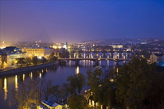看,上方,布拉格,伏尔塔瓦河,夜晚