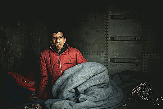 难民,露营,边界,脸,肿瘤,一个,轨道,铁路,侧面,中马其顿,希腊,欧洲