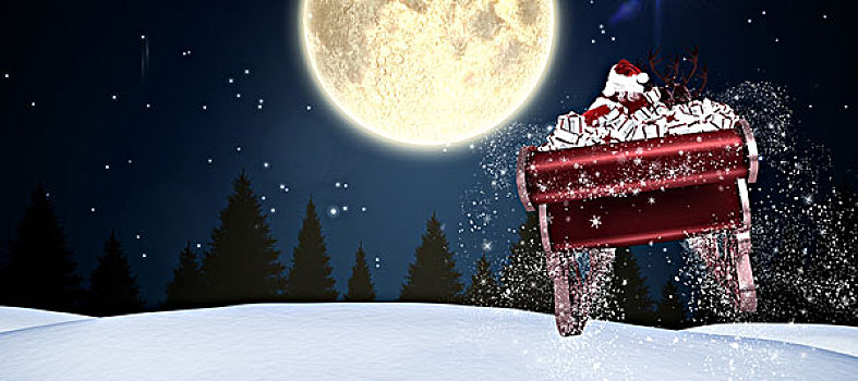 合成效果,图像,圣诞老人,飞,雪撬,满月,上方,树林,夜晚