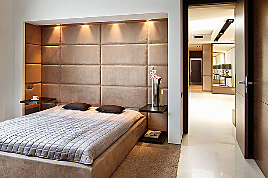卧室,简单,经典,风格,法国,床,软垫,天花板,聚光灯,敞门,走廊