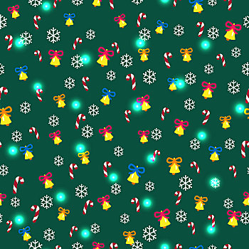 无缝,绿色,图案,圣诞装饰,矢量,插画,无限,纹理,壁纸,黄色,铃,蓝色,粉色,蝴蝶结,白色,雪花,条纹,冰糕,光泽,斑点