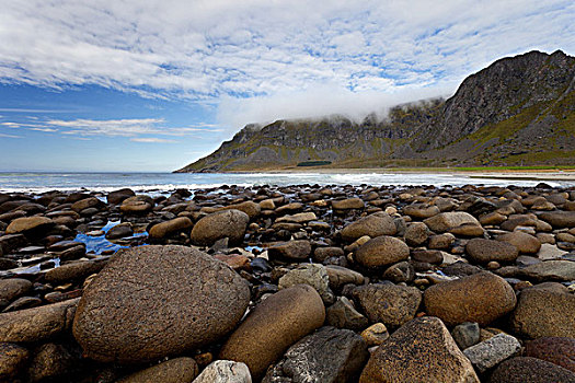 海滩,石头,沙子,山,罗弗敦群岛,挪威