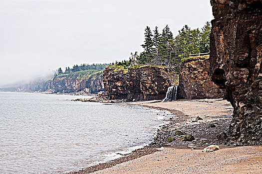 圆石滩,瀑布,靠近,岸边,芬地湾,新斯科舍省,加拿大