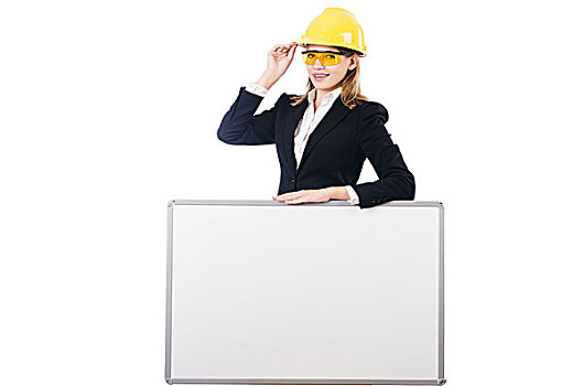 年轻,职业女性,安全帽,留白,信息板,隔绝,白色背景