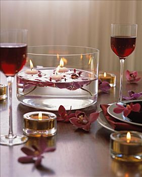 碗,花,蜡烛,桌上,浪漫,食物