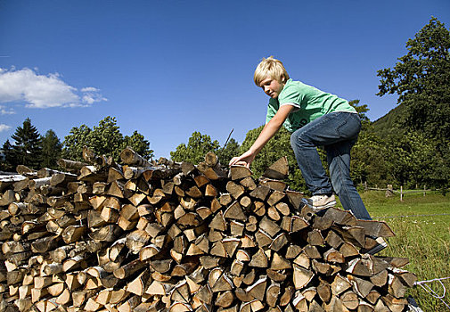 男孩,攀登,一堆,木头