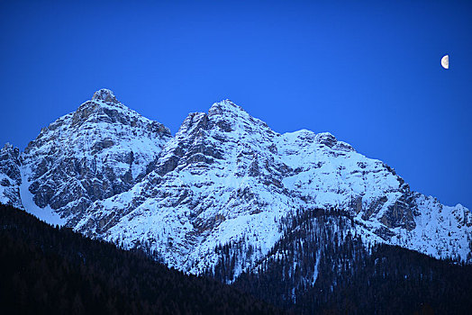 月亮,上方,山,阿尔卑斯山,提洛尔,奥地利,欧洲