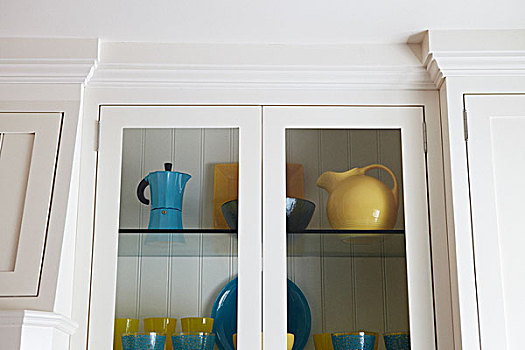 蓝色,黄色,玻璃器皿,厨柜,玻璃门