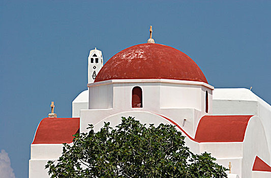 希腊,米克诺斯岛,红色,教堂,圆顶,白色,墙壁,蓝天