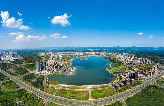 四川省成都市天府新区中国西部,成都,科学城兴隆湖全景航拍图