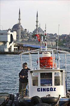 男人,小河,渡轮,金角湾,旁侧,加拉达塔,桥,伊斯坦布尔,土耳其