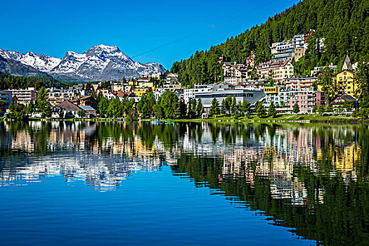 胜地,城镇,圣莫里茨,反射,湖,恩加丁,山谷,晴天,阿尔卑斯山,背景,瑞士