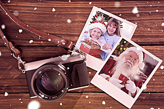 合成效果,图像,微笑,兄弟姐妹,拿着,圣诞礼物,照片,木地板
